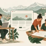 Un développeur freelance et une équipe d’agence conçoivent des sites web, dans un décor inspiré de Grenoble.