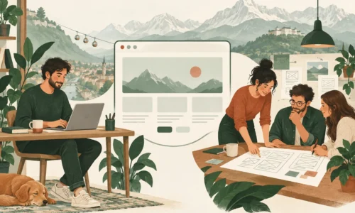 Un développeur freelance et une équipe d’agence conçoivent des sites web, dans un décor inspiré de Grenoble.