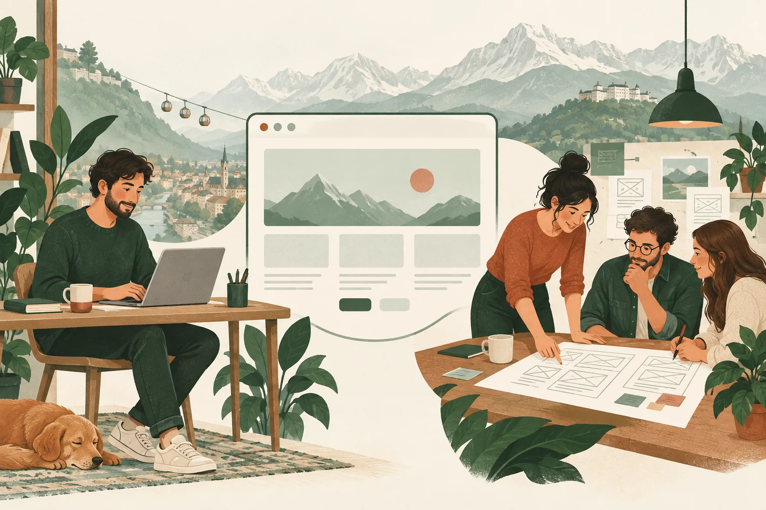 Illustration de professionnels créant un site dans un atelier