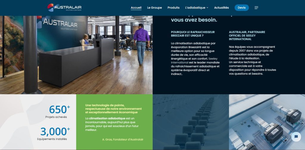 Présentation des équipements et avantages sur le site Australair