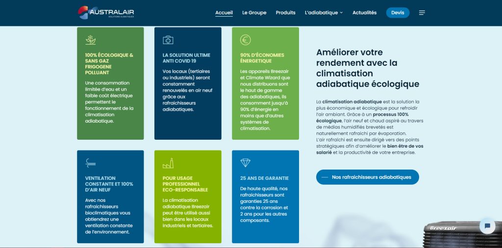 Pages de solutions du site Australair