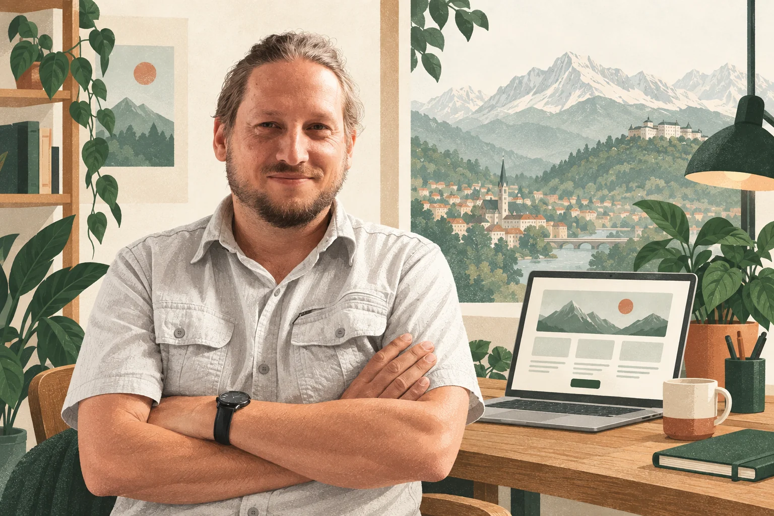 Portrait illustré de Cédric Verlucco, développeur web à Grenoble, les bras croisés dans un bureau avec un ordinateur.