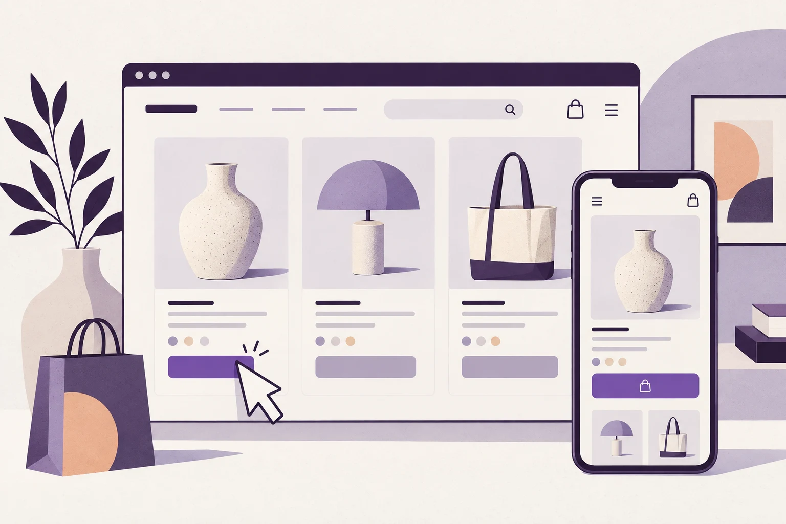 Illustration d’une boutique en ligne présentant ses produits sur ordinateur et sur mobile.