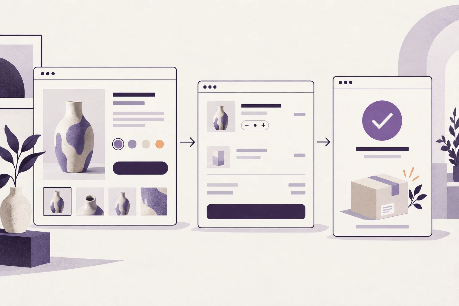 Parcours d’achat illustré en trois étapes : fiche produit, panier et confirmation de commande.