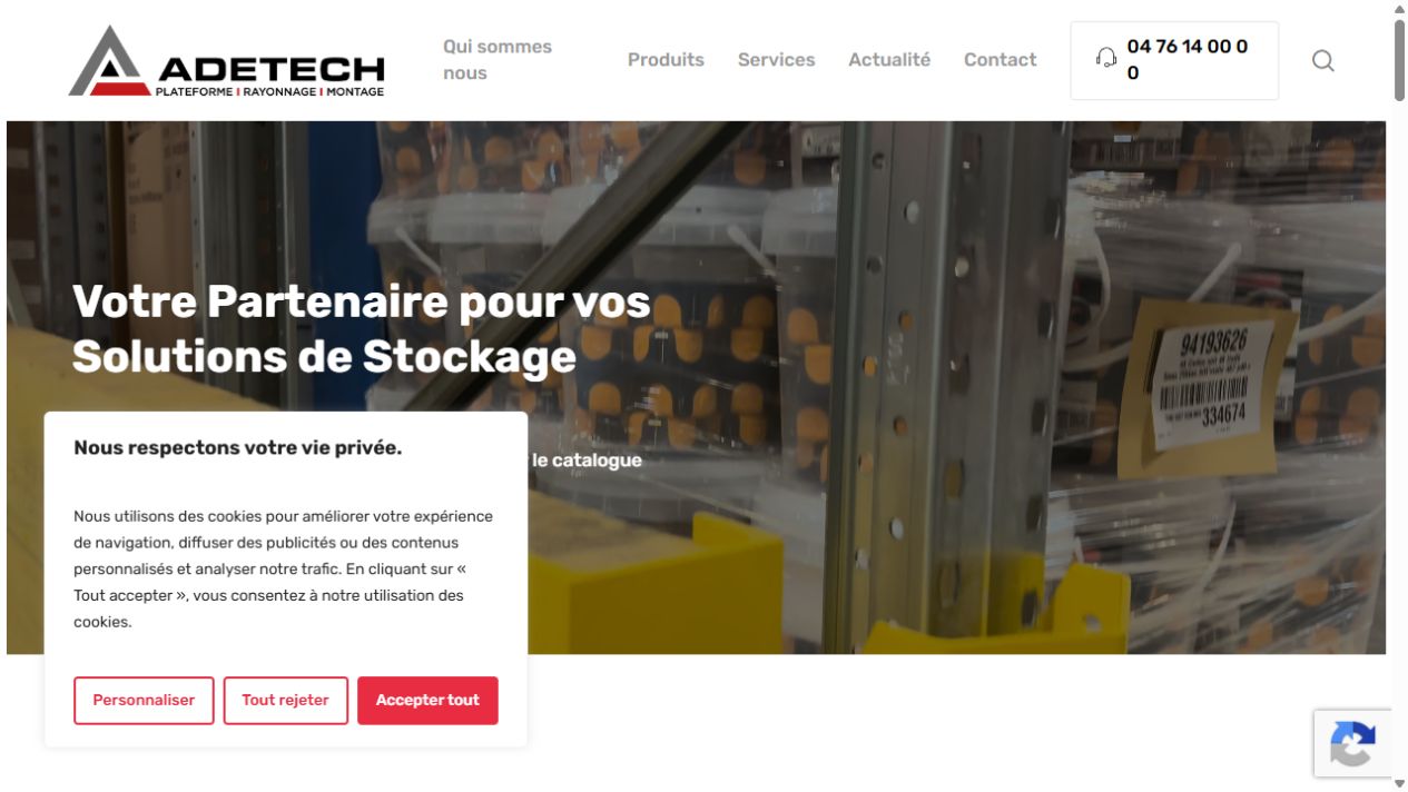 Site actuel ADETECH, entreprise de solutions de stockage et de rayonnage
