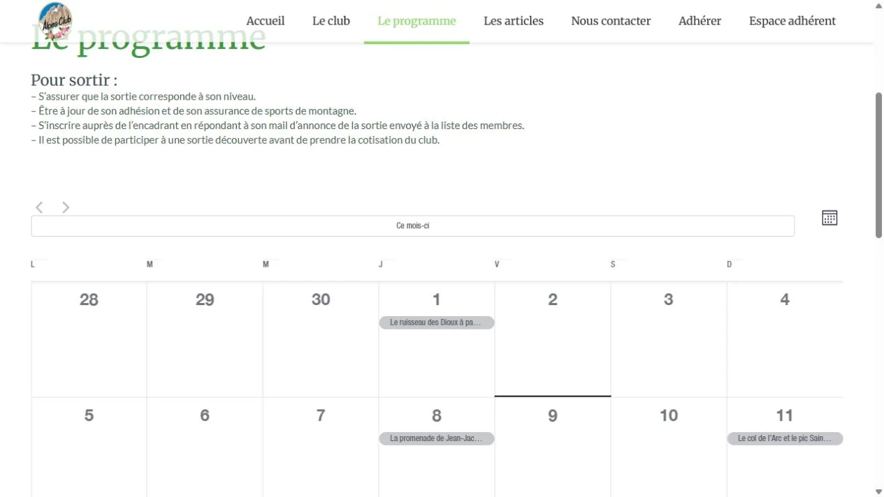 Programme des activités et calendrier des sorties de l’Alpes-Club