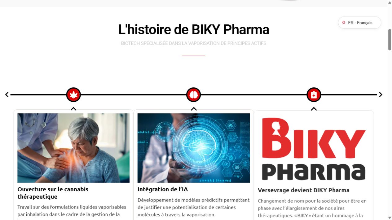 Site BIKY Pharma : frise chronologique et passage de Versevrage à la nouvelle identité