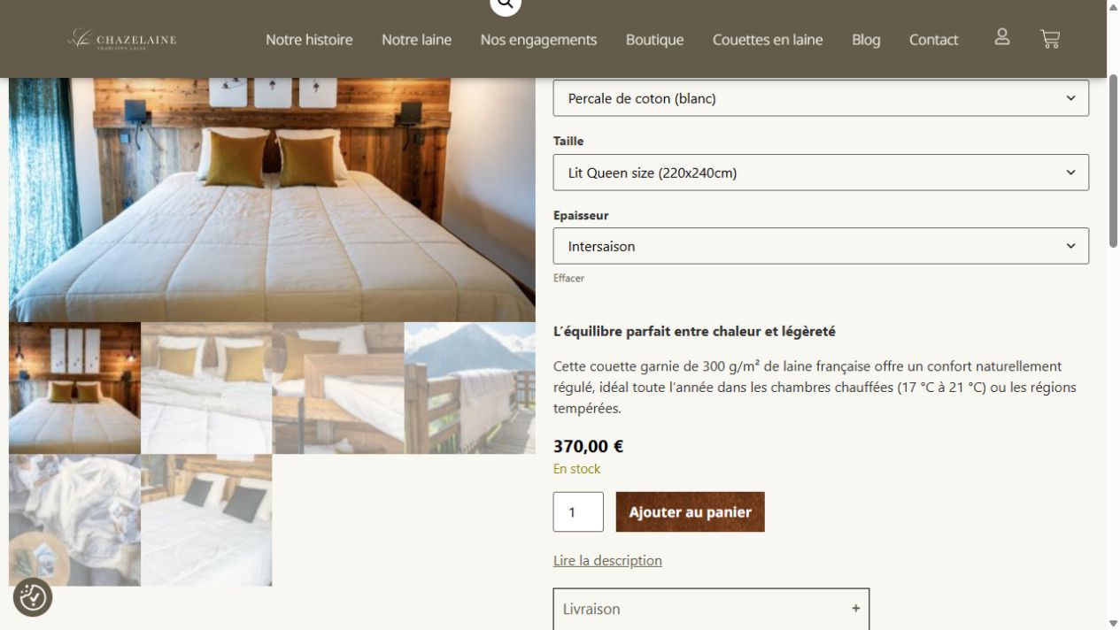 Détail de la fiche WooCommerce Chazelaine et des informations produit