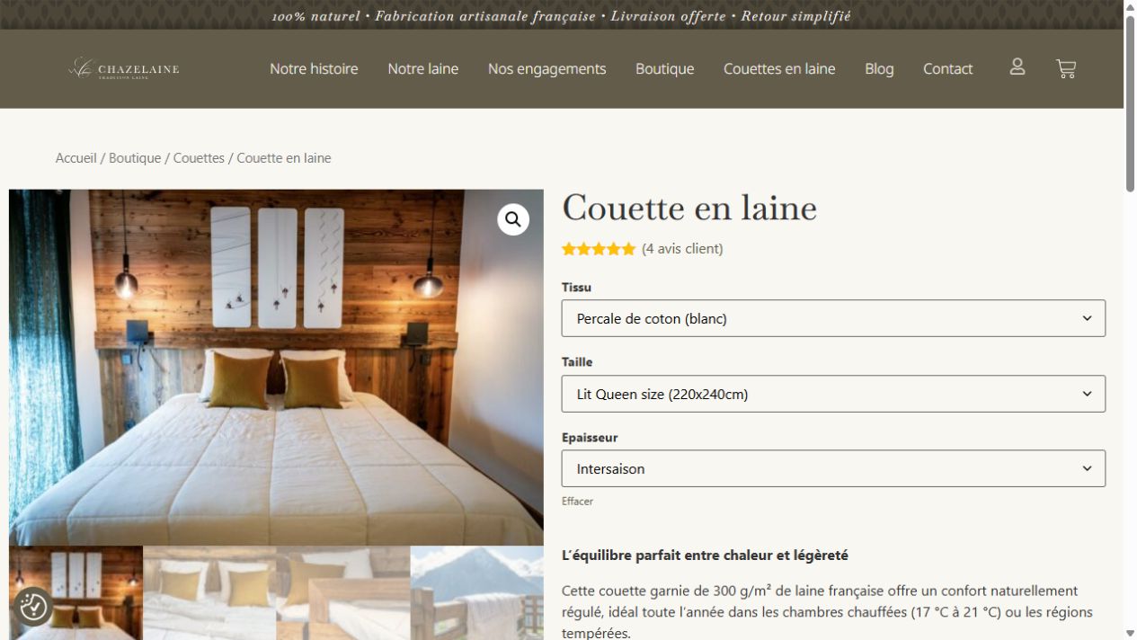 Fiche produit Chazelaine : galerie de la couette en laine et choix des variantes