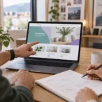 Échange autour de la maquette d’un site internet sur un ordinateur portable