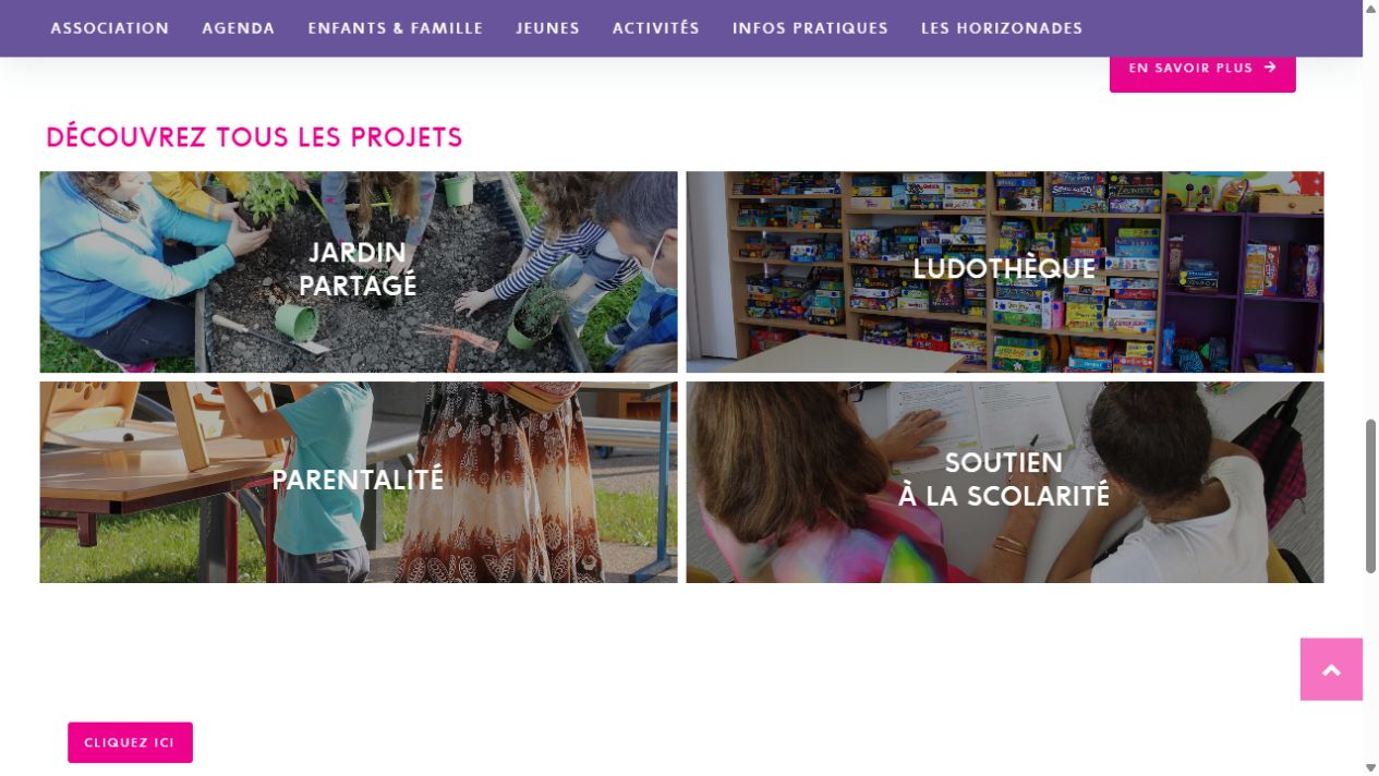 Rubriques du site Horizons : jardin partagé, ludothèque, parentalité et soutien à la scolarité