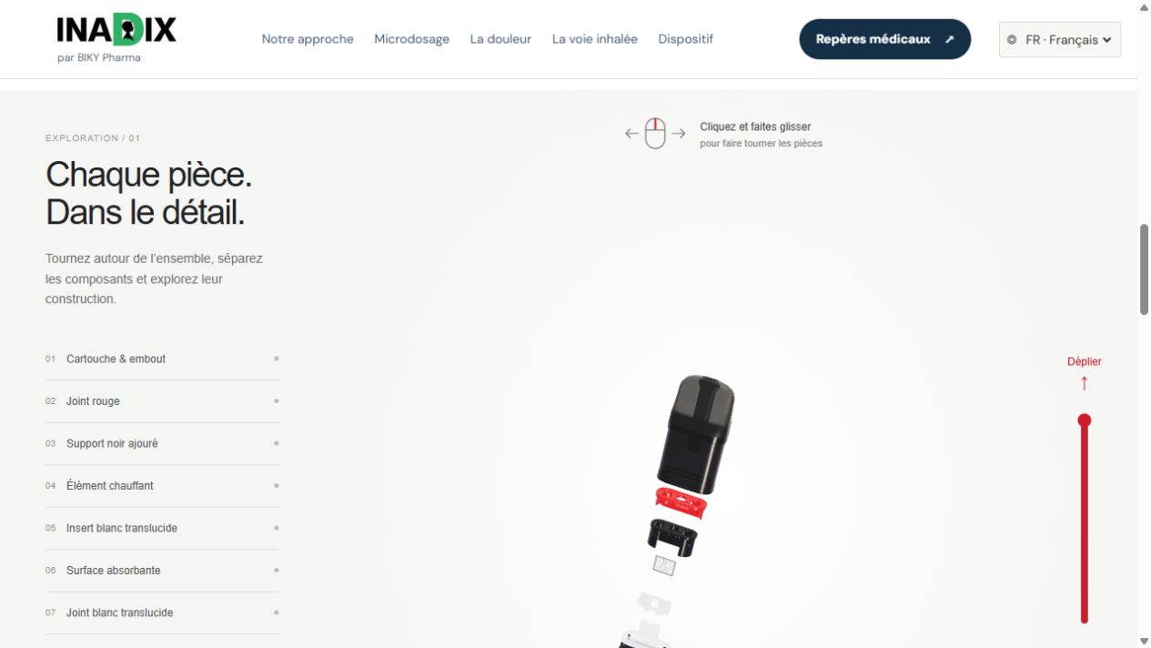 Cartouche INADIX en vue éclatée 3D avec sélection des composants