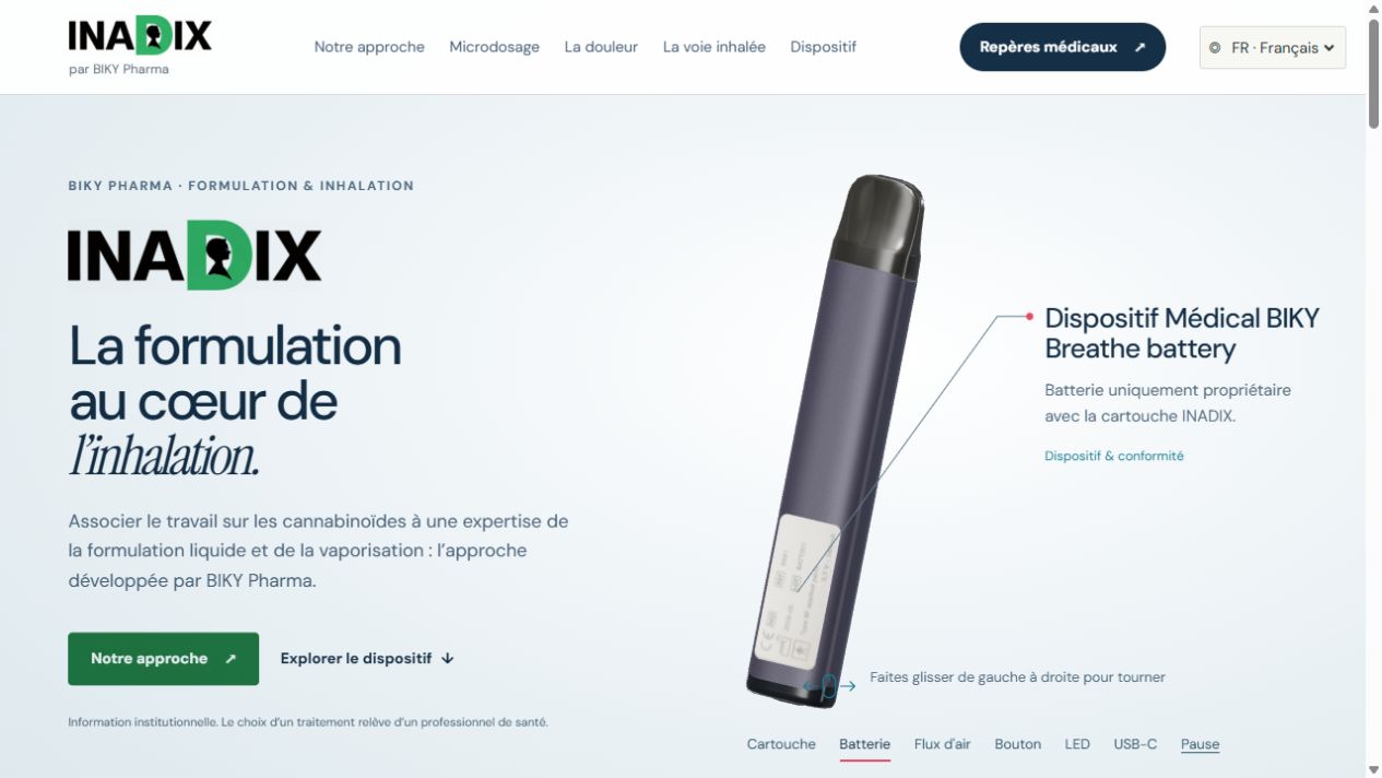 Accueil INADIX avec la visualisation du dispositif BIKY Breathe à 360 degrés