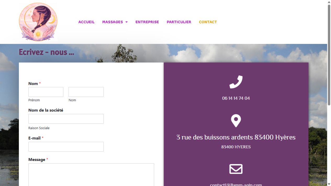 Page de contact du site LAMM, avec formulaire et coordonnées