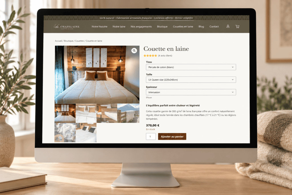 Nouvelle fiche produit Chazelaine avec choix des variantes et ajout au panier, présentée sur ordinateur