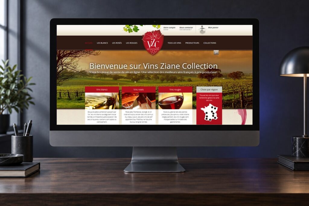 Site Vins Ziane Collection présenté sur un ordinateur — réalisation web