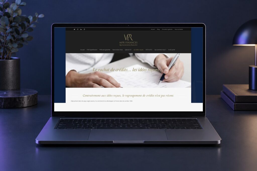 Site MPR Finances présenté sur un ordinateur — réalisation web