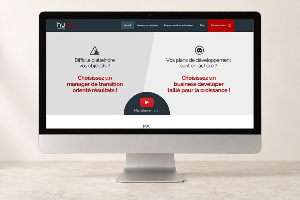 Site Hugo Excoffier Partnering présenté sur un ordinateur — réalisation web