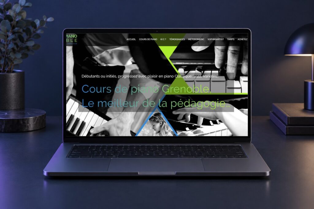 Site Cours de piano Grenoble présenté sur un ordinateur — réalisation web