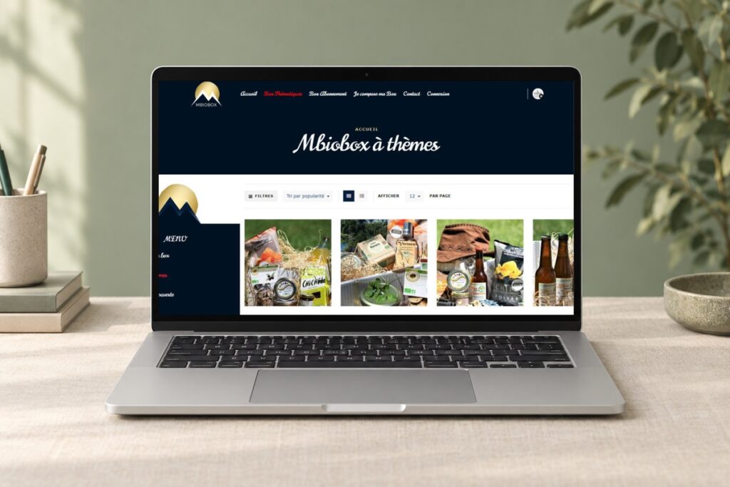 Site Mbiobox présenté sur un ordinateur — réalisation web