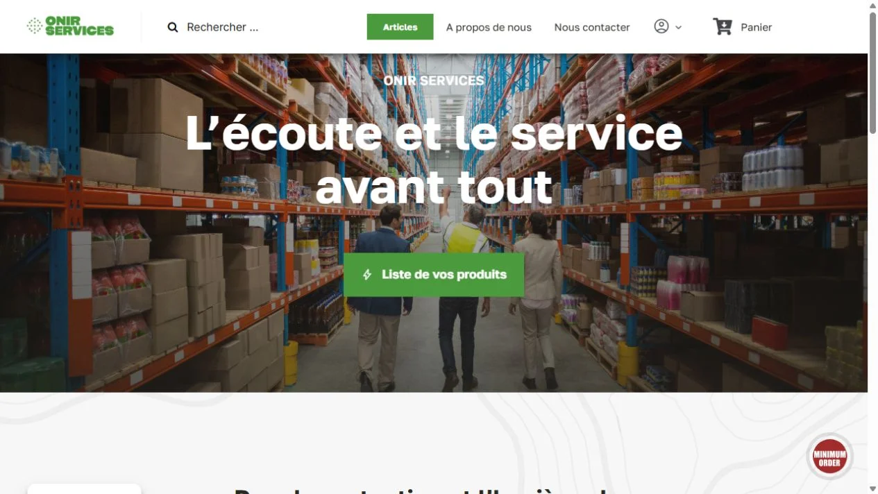 Accueil de la boutique professionnelle Onir Services, avec accès aux articles et au compte client
