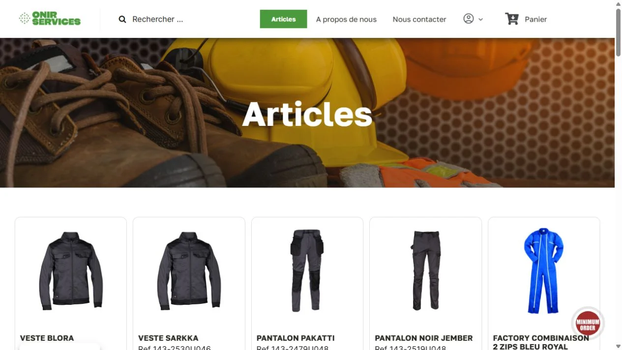 Catalogue Onir Services présentant les équipements avec une invitation à se connecter pour voir les prix