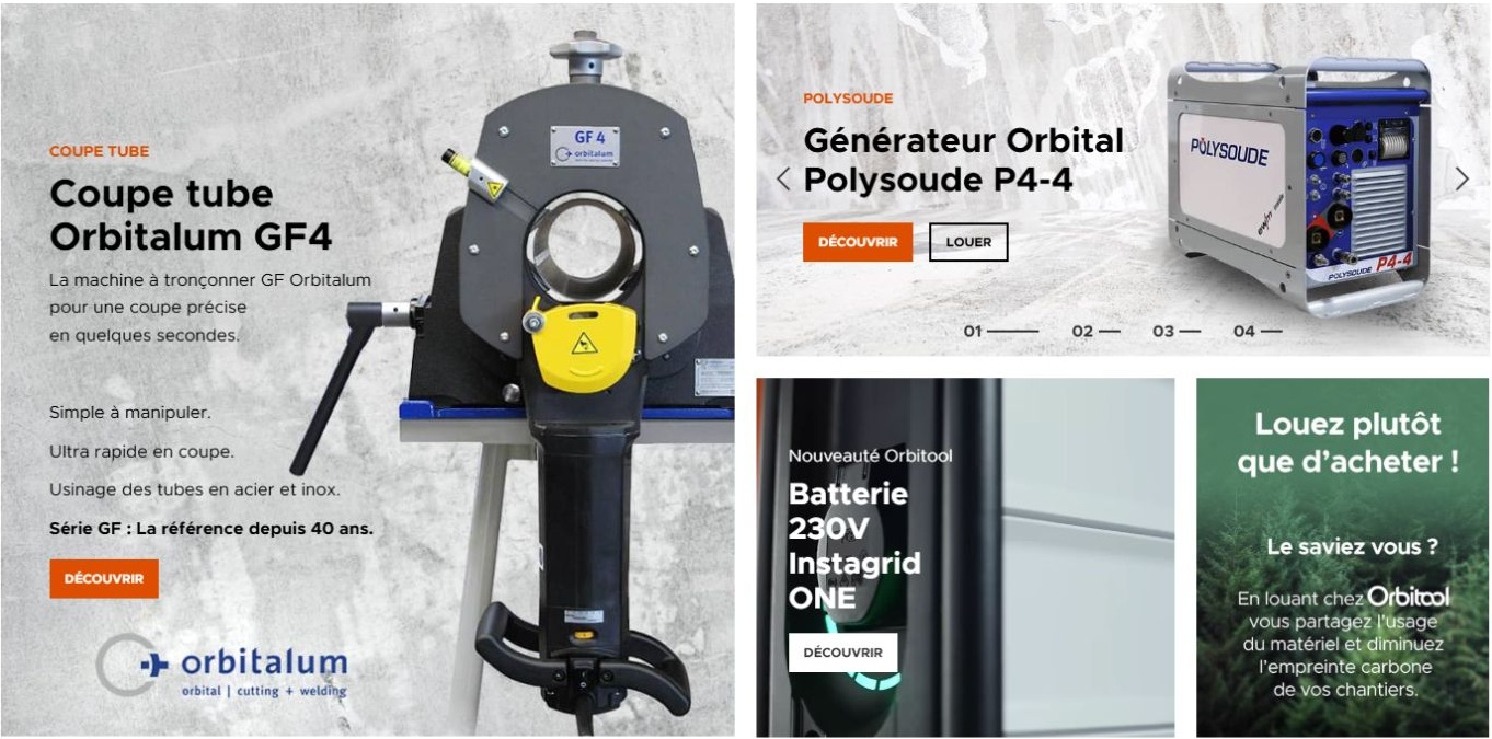 Design du site Orbitool : compositions graphiques présentant les machines de soudage et les nouveautés