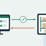 Illustration d’une boutique en ligne reliée à un système de gestion des stocks par deux flèches d’échange.