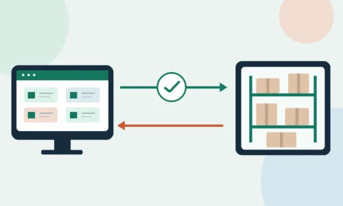 Illustration d’une boutique en ligne reliée à un système de gestion des stocks par deux flèches d’échange.